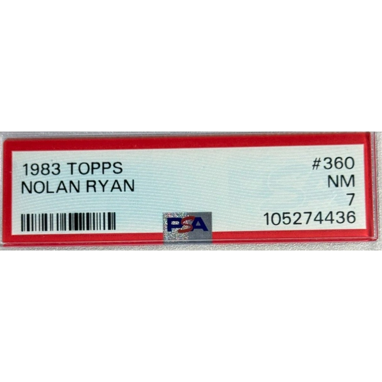 Graded 1983 Topps #360 Nolan Ryan Houston Astros baseball card in PSA 7 near‑mint condition showcasing vintage legendary pitcher.