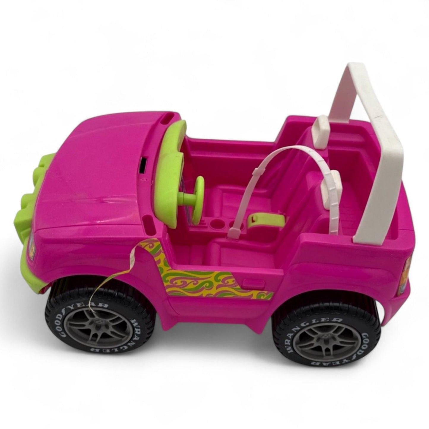 Top view of Barbie Jeep Wrangler Convertible showcasing interior and steering wheel