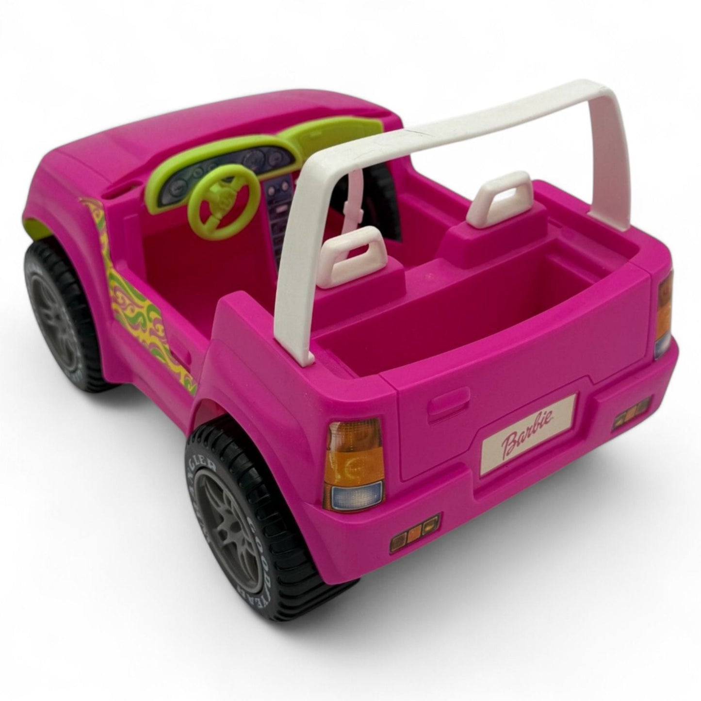 Rear view of Barbie Jeep Wrangler Convertible highlighting the Barbie logo