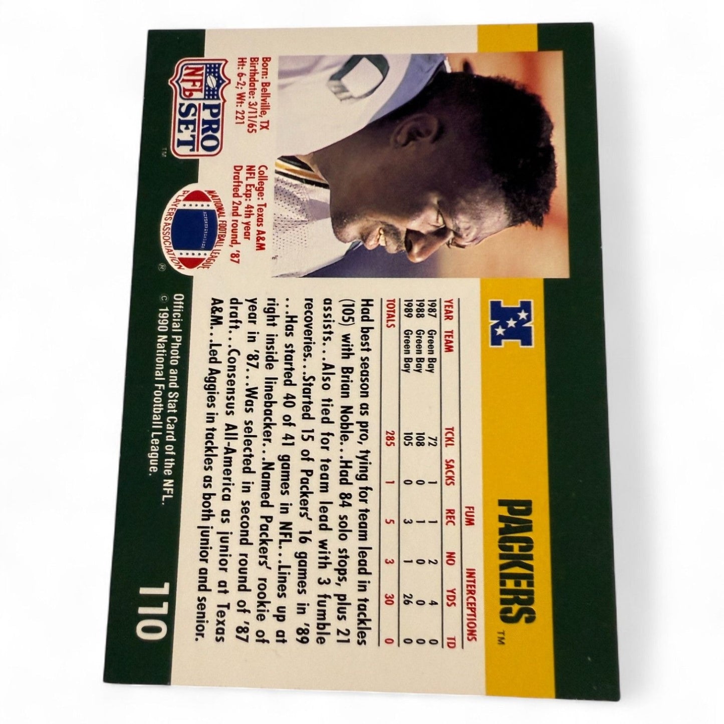 Johnny Holland Green Bay Packers Pro Set NFL Football Card