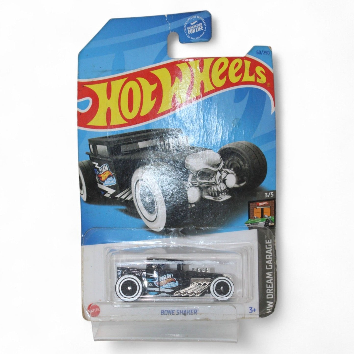 A Hot Wheels Dream Garage “Bone Shaker” 1:64 scale die‑cast car in 60/250 black mainline release, still sealed in its Legends Series packaging.