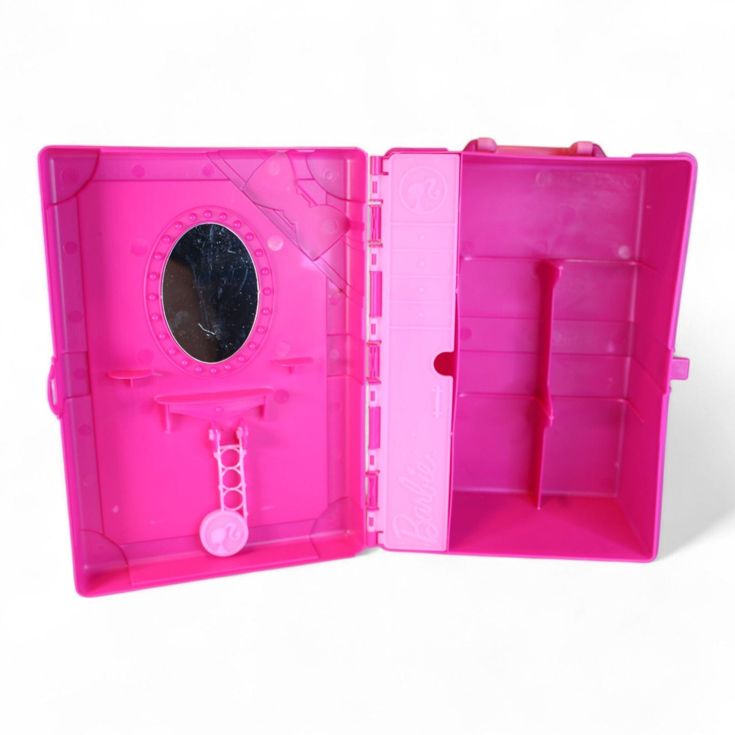 Open Barbie Fashionista Travel Case showing mirror and compartments