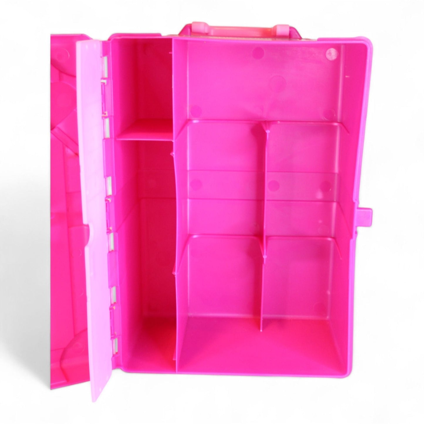 Detailed view of the storage compartments inside the Barbie Fashionista Travel Case