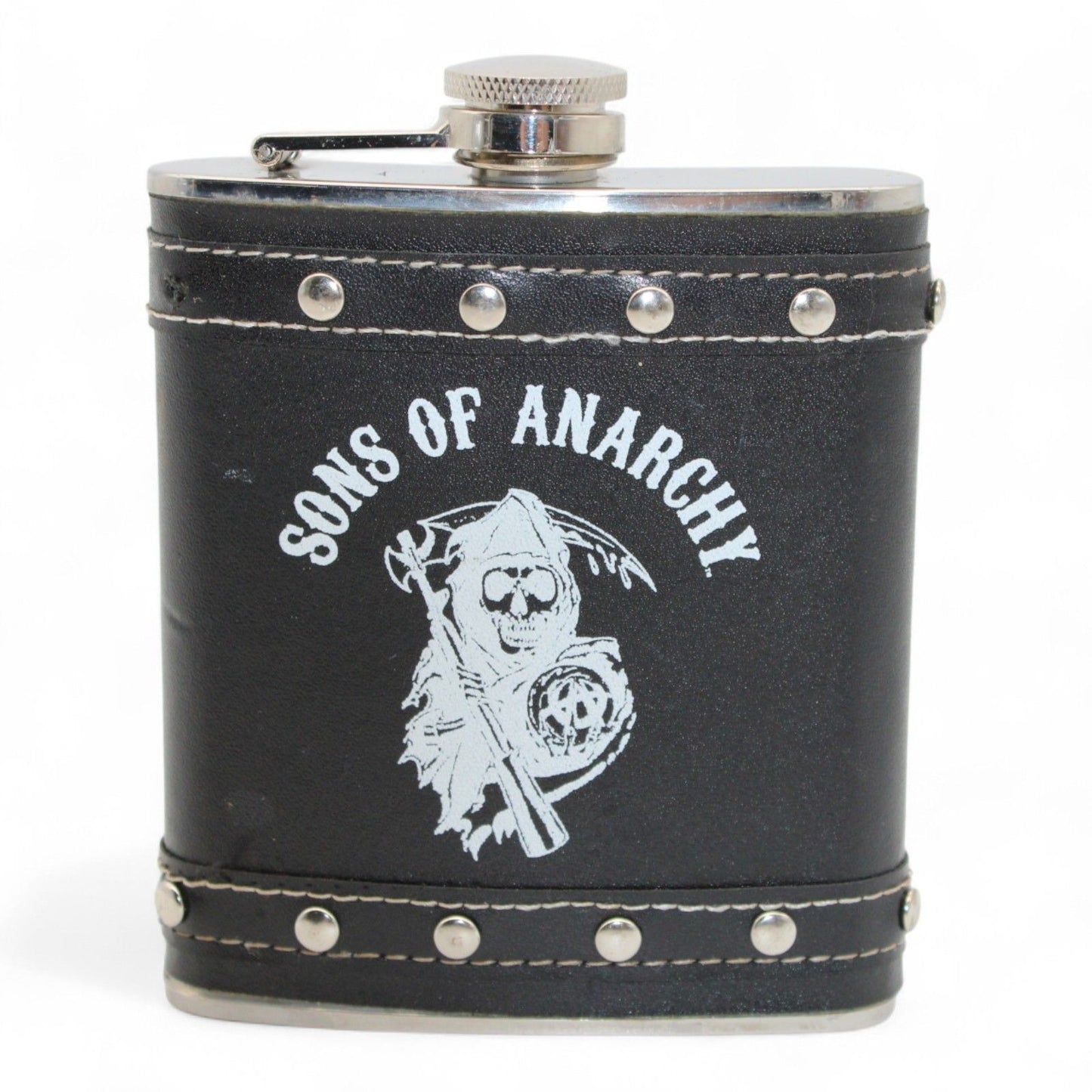 Sons Of Anarchy Black Stainless Steel & Faux Leather Flask With Rivet Design 8 Oz