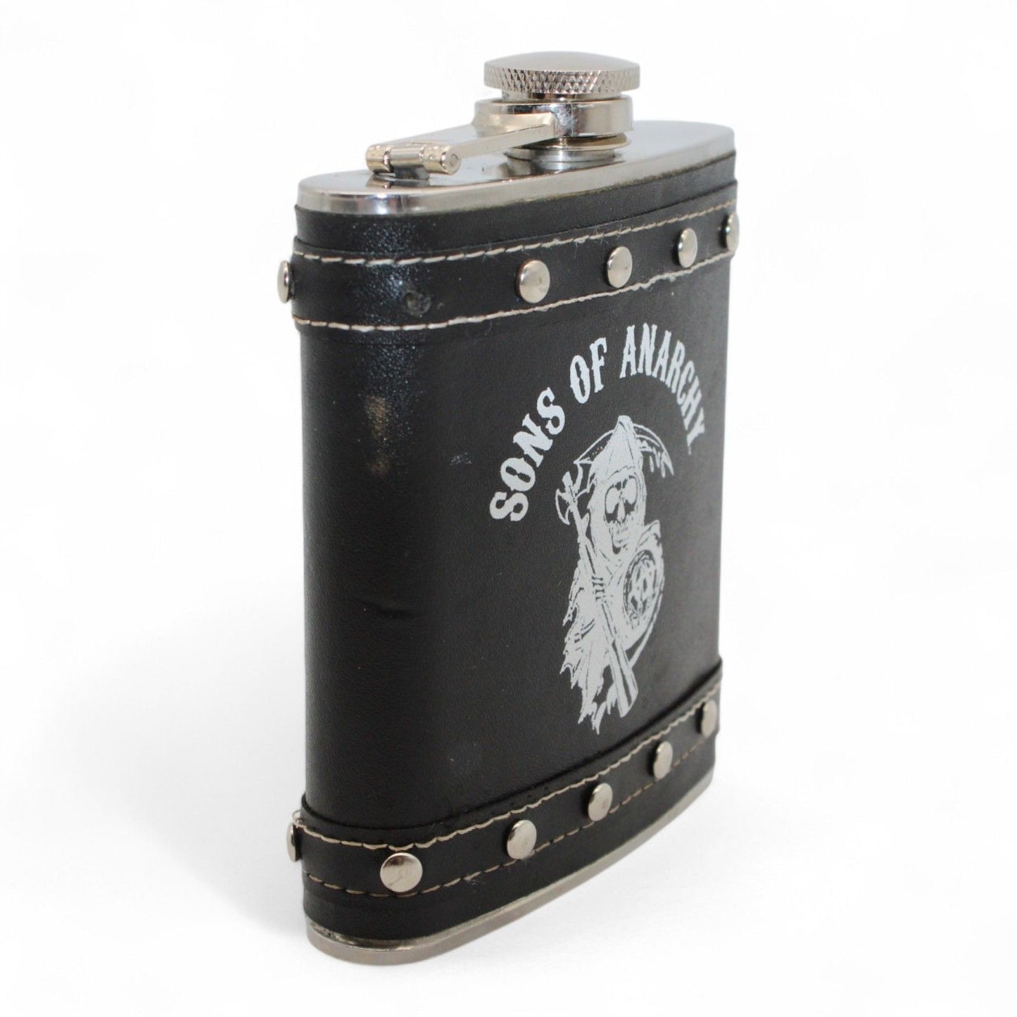 Sons Of Anarchy Black Stainless Steel & Faux Leather Flask With Rivet Design 8 Oz