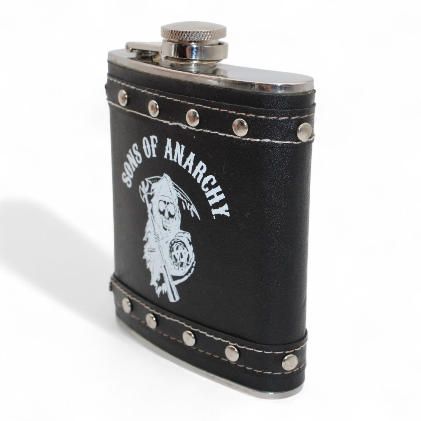 Sons Of Anarchy Black Stainless Steel & Faux Leather Flask With Rivet Design 8 Oz