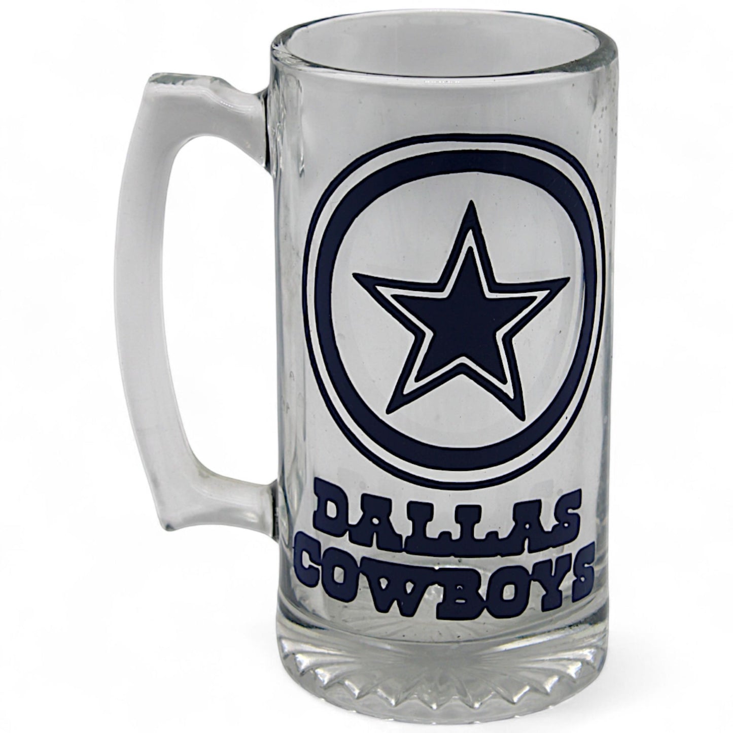 Dallas Cowboys beer mug with official NFL logo, clear glass stein featuring bold team graphics – perfect for fans and collectors