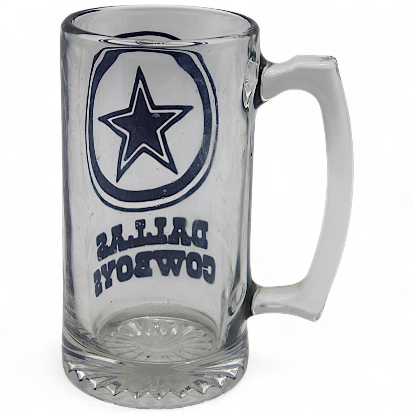 Dallas Cowboys beer mug with official NFL logo, clear glass stein featuring bold team graphics – perfect for fans and collectors