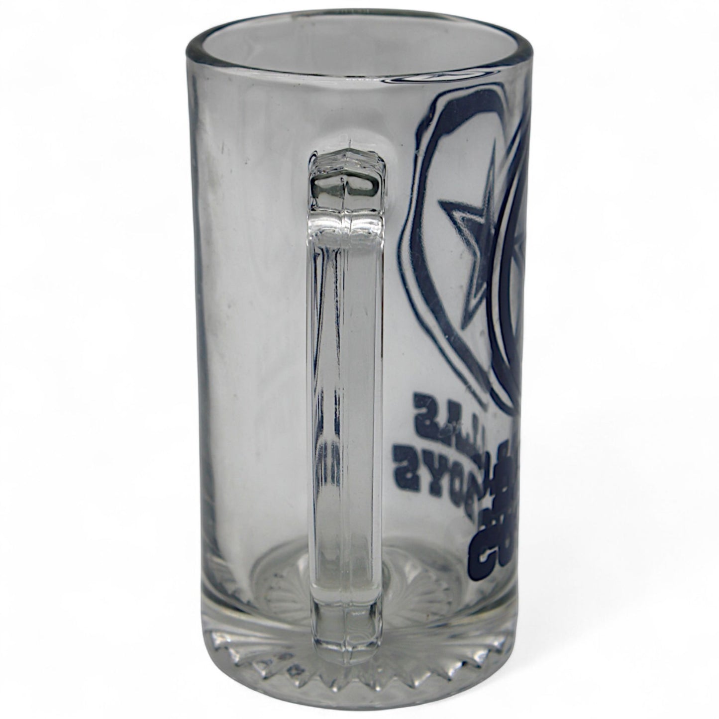 Dallas Cowboys beer mug with official NFL logo, clear glass stein featuring bold team graphics – perfect for fans and collectors