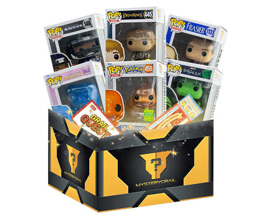 Mystery Grail box with six Funko Pops and game cards