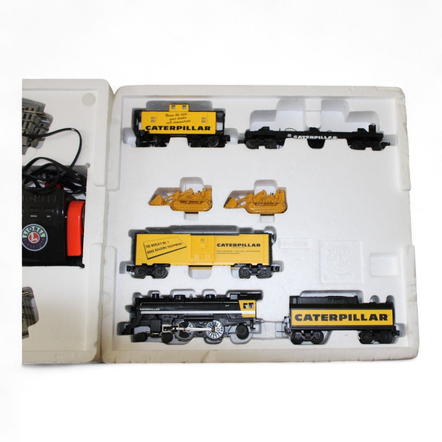 Detailed view of Lionel Caterpillar train set in packaging