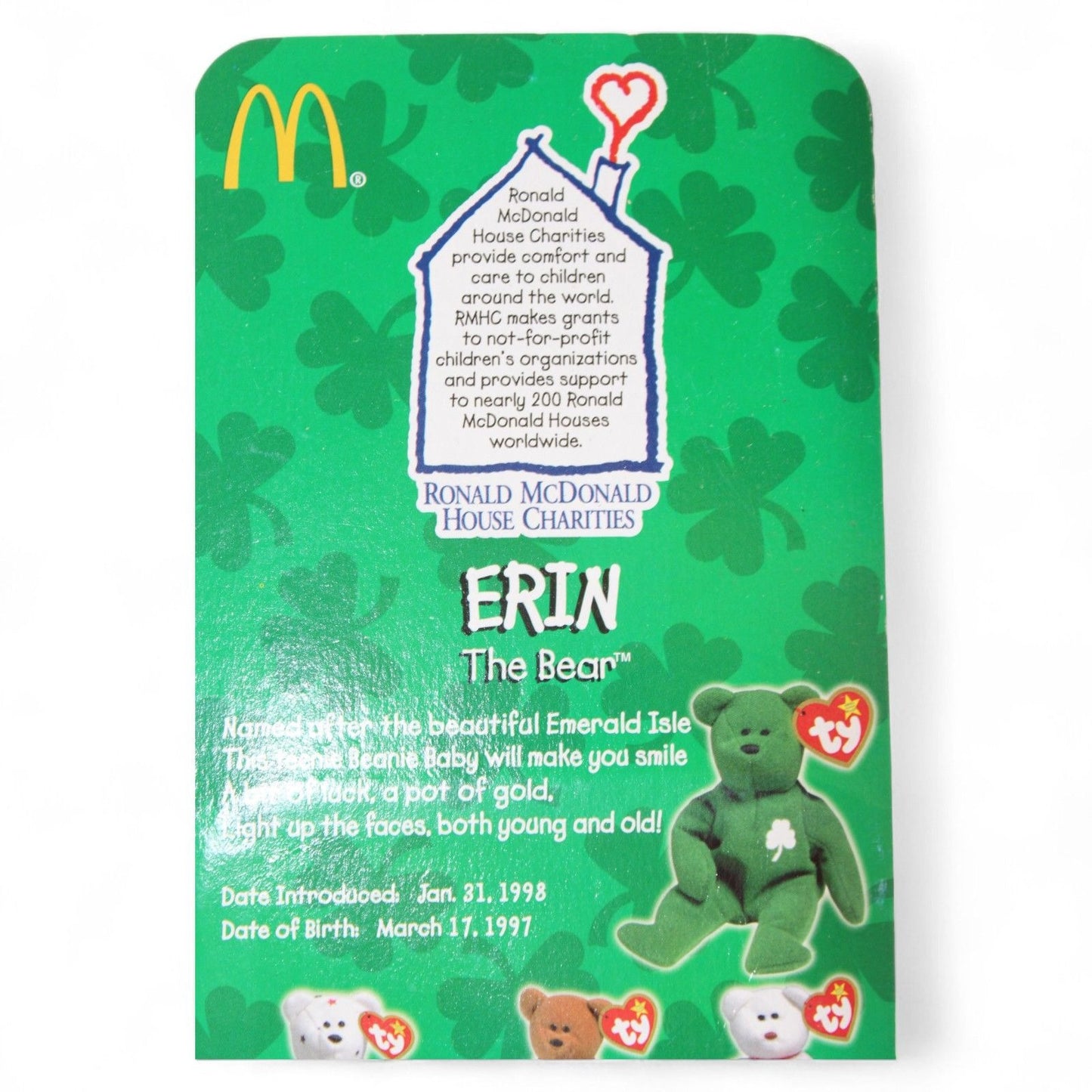 Ty McDonald's Erin the Bear Teenie Beanie Baby is a plush collectible from 1998 in mint condition, celebrating Irish heritage and charm.