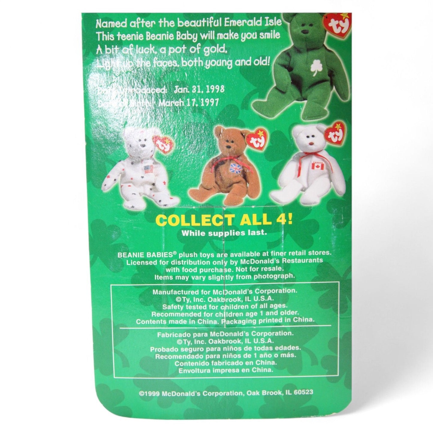 Ty McDonald's Erin the Bear Teenie Beanie Baby is a plush collectible from 1998 in mint condition, celebrating Irish heritage and charm.