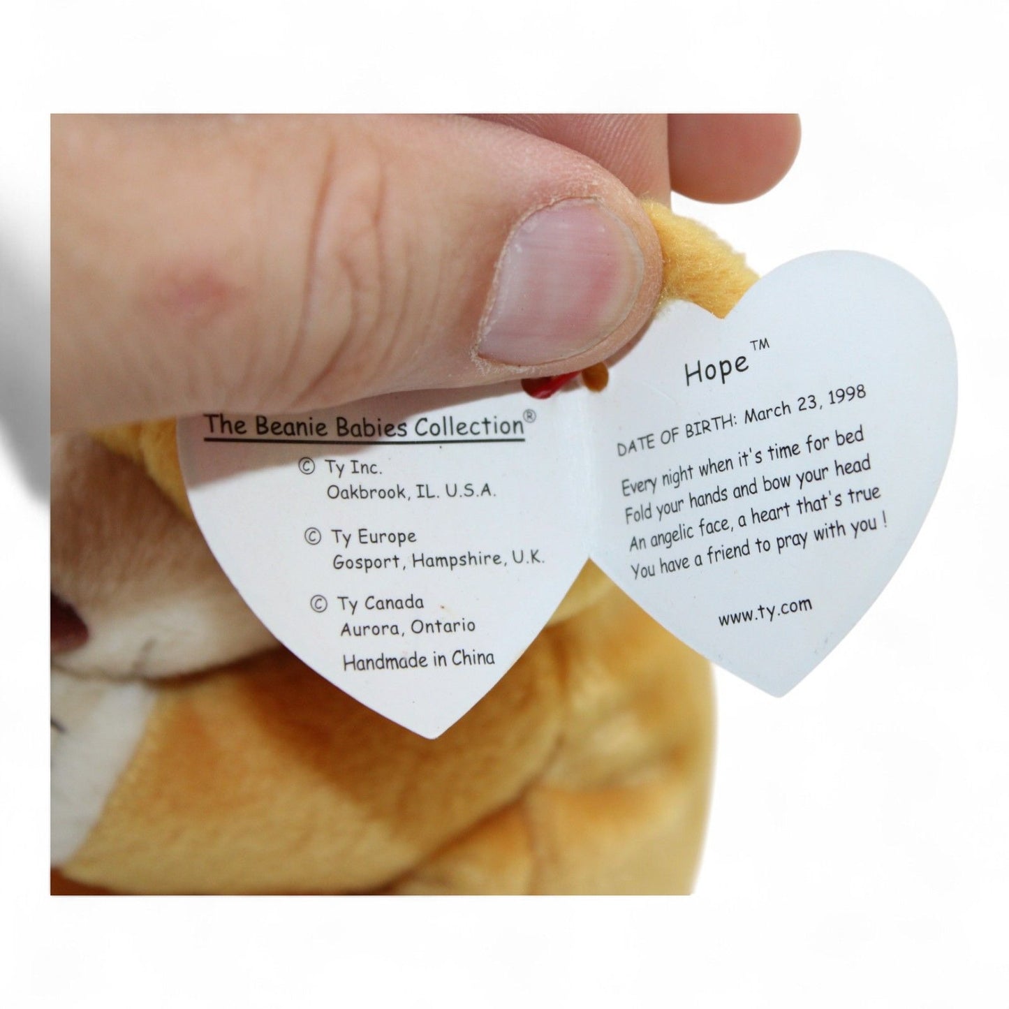 Ty Beanie Baby Hope Praying Bear Plush Toy 1998 Soft Collectible Tan Stuffed Animal 7"