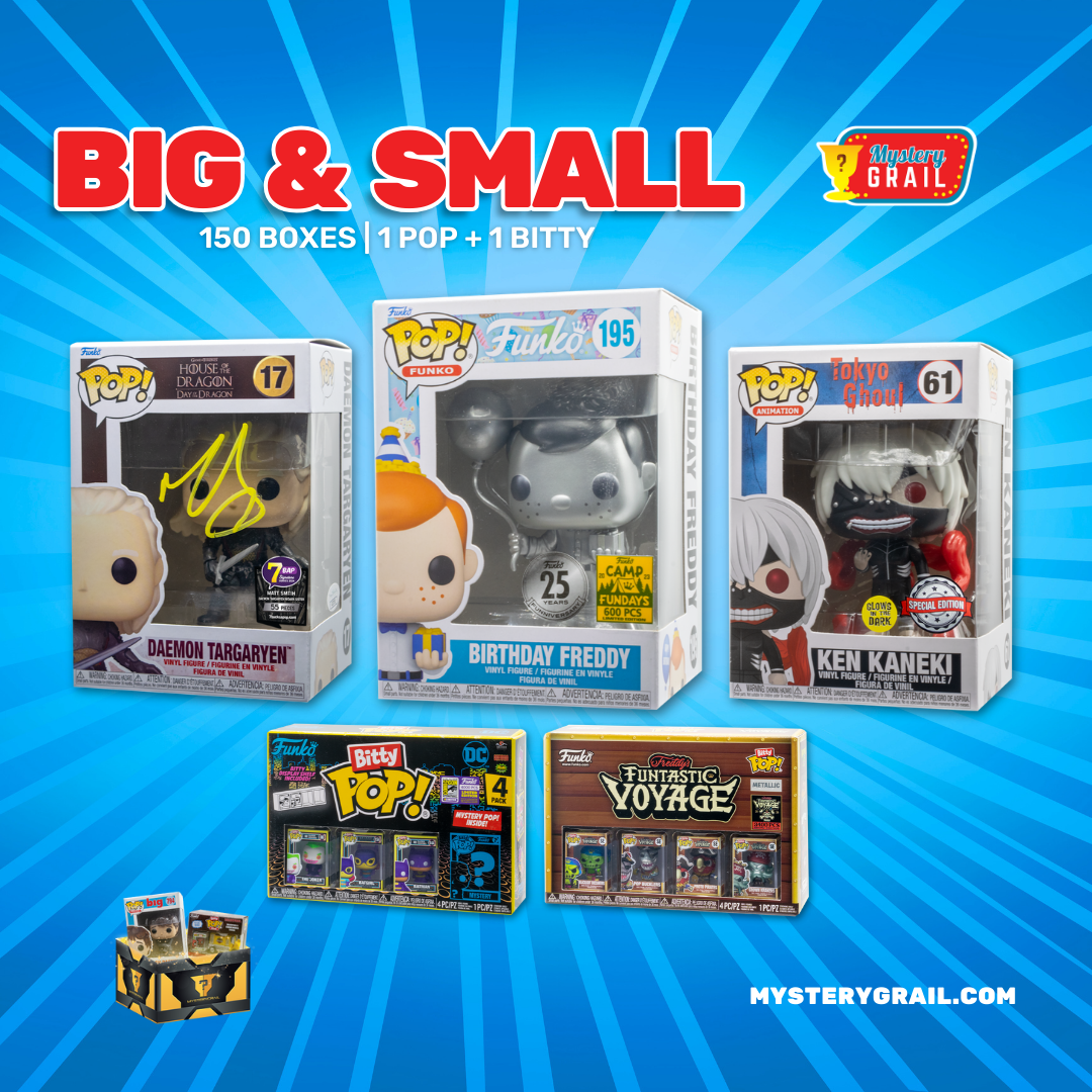 Various Funko Pop and Bitty Pop figures in a mystery box