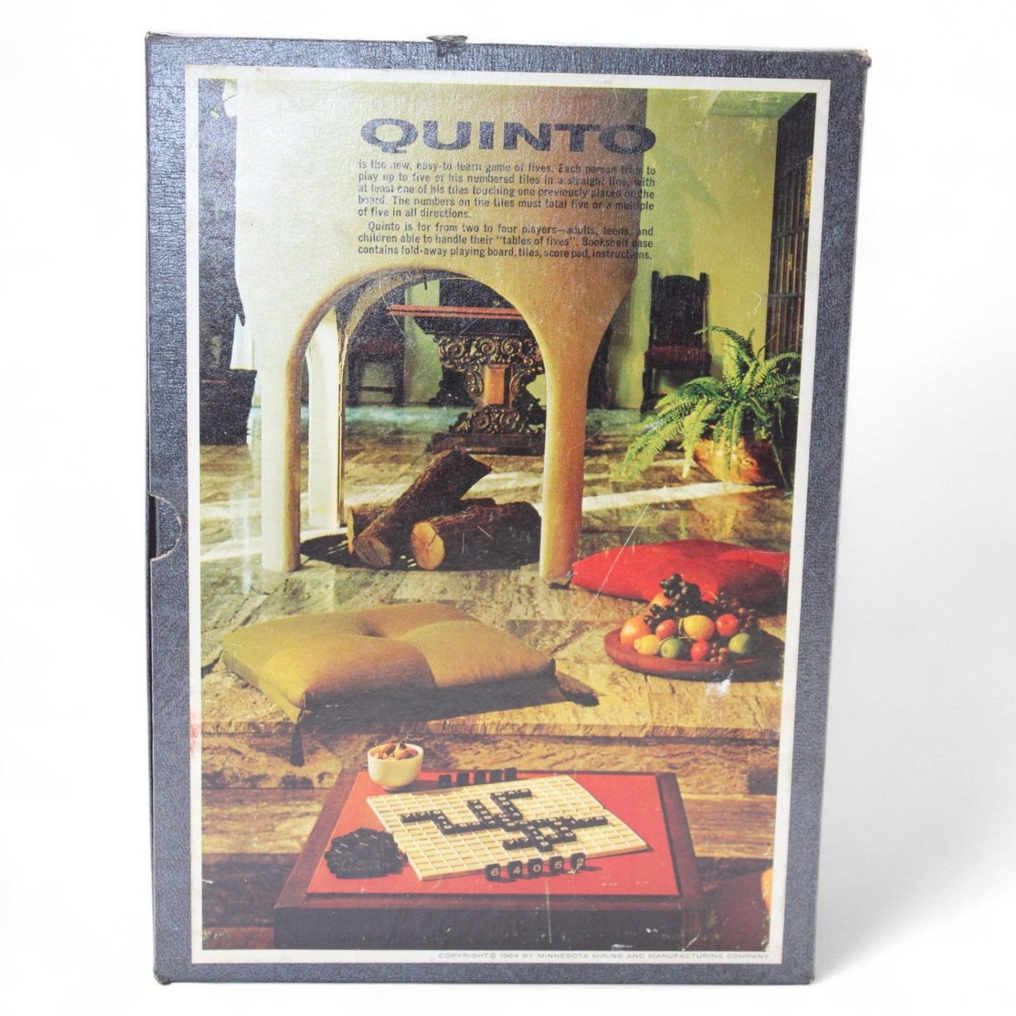 Vintage 1964 Quinto board game by 3M, complete with original pieces, score sheets, and instructions, in excellent pre-owned condition.