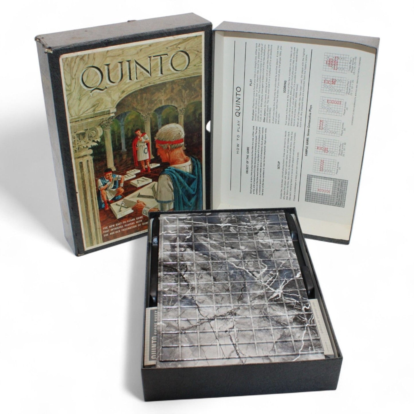 Vintage 1964 Quinto board game by 3M, complete with original pieces, score sheets, and instructions, in excellent pre-owned condition.