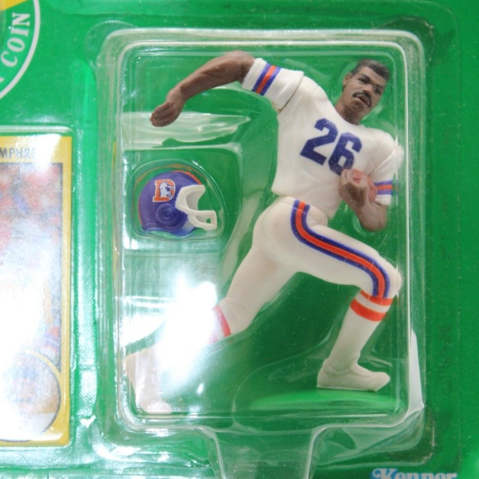 A mint 1991 Kenner Starting Lineup Bobby Humphrey Denver Broncos figure, sealed with original collector coin and player card in new-in-package condition.