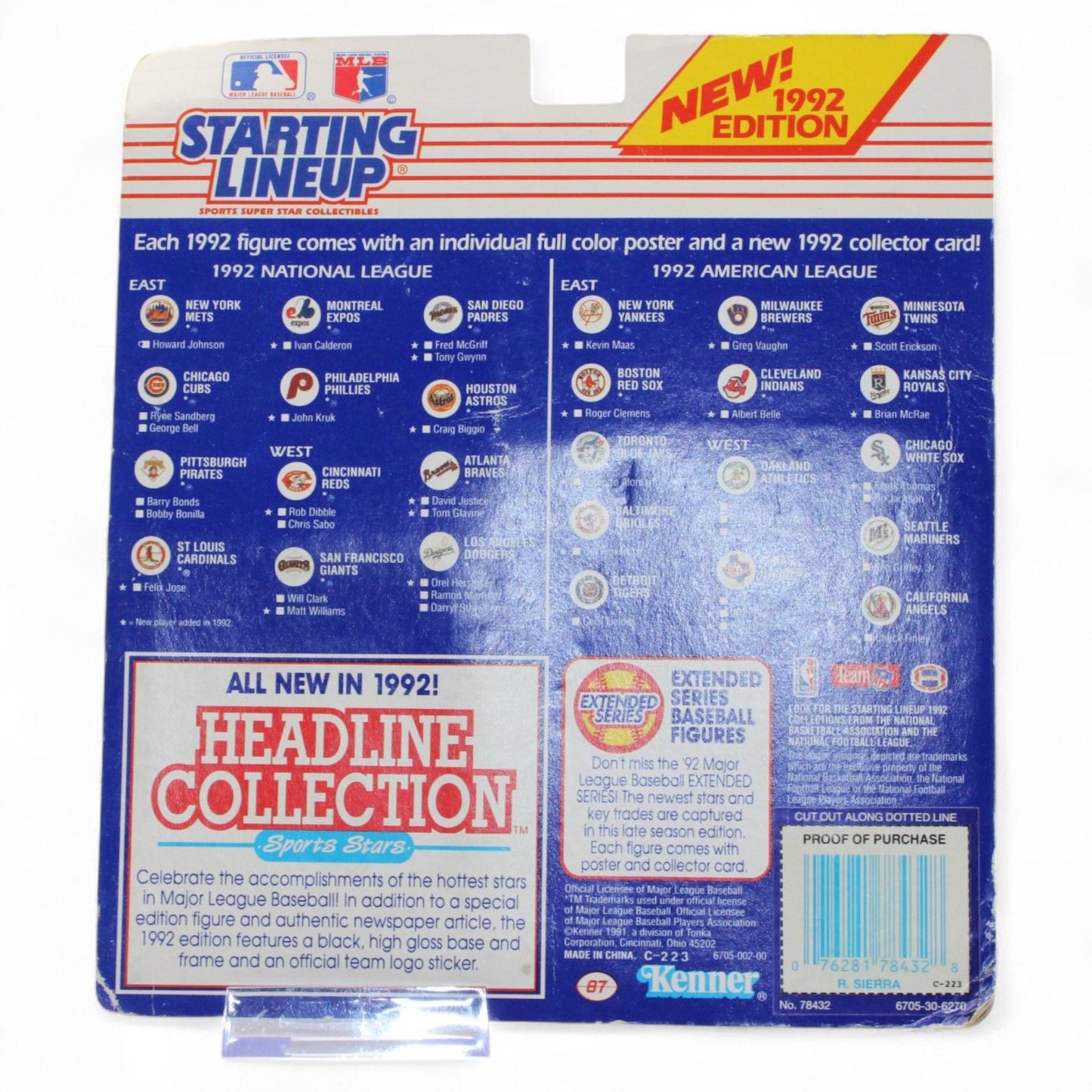 Starting Lineup 1992 baseball figure packaging with branding and product details.