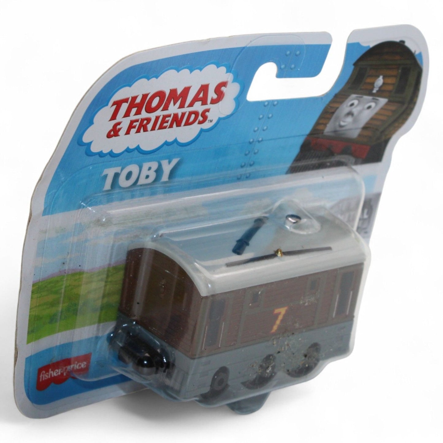 Thomas & Friends Toby metal engine by Fisher-Price is a detailed die-cast train for ages 3+, featuring classic brown and gray colors in new packaging.