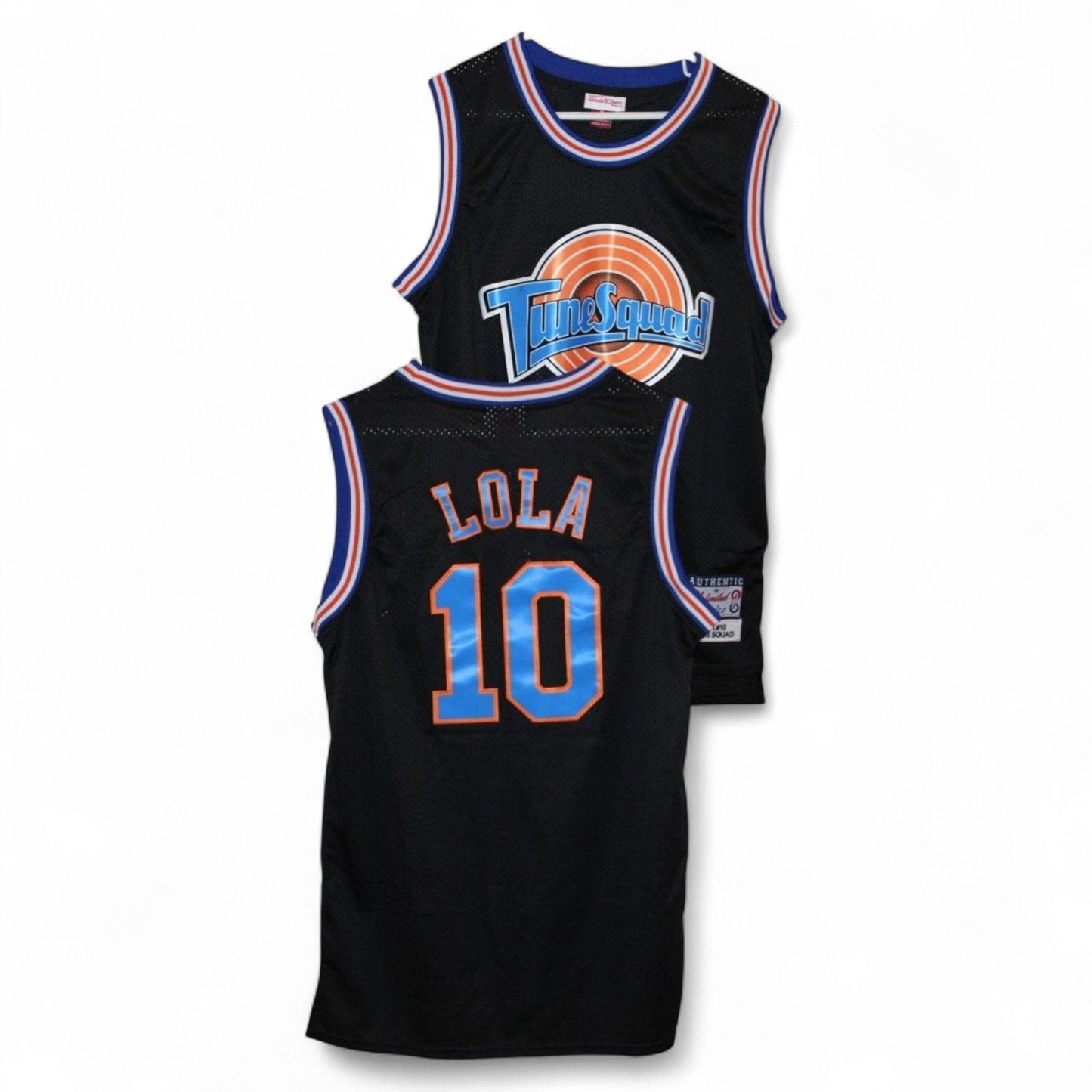 Front and back view of Tune Squad Lola #10 jersey in black with blue and orange accents