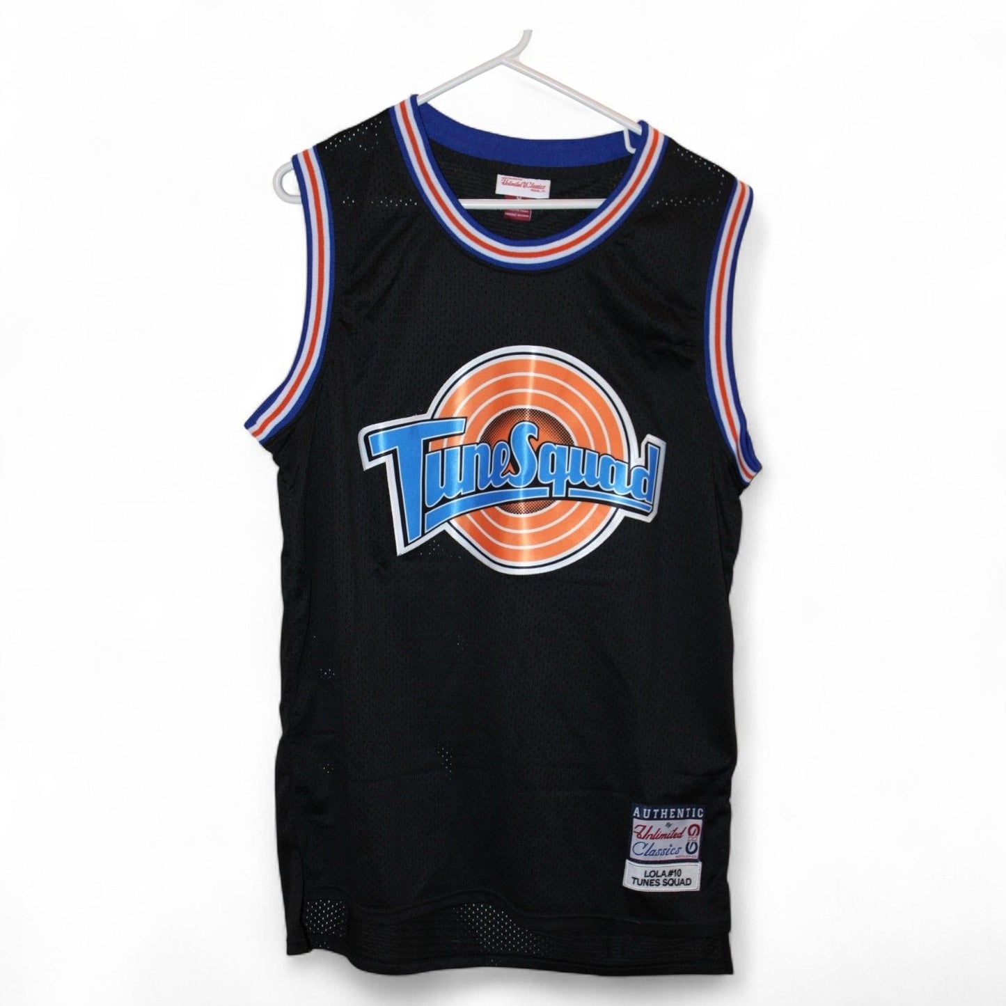 Front view of Tune Squad Lola #10 jersey hanging on a hanger