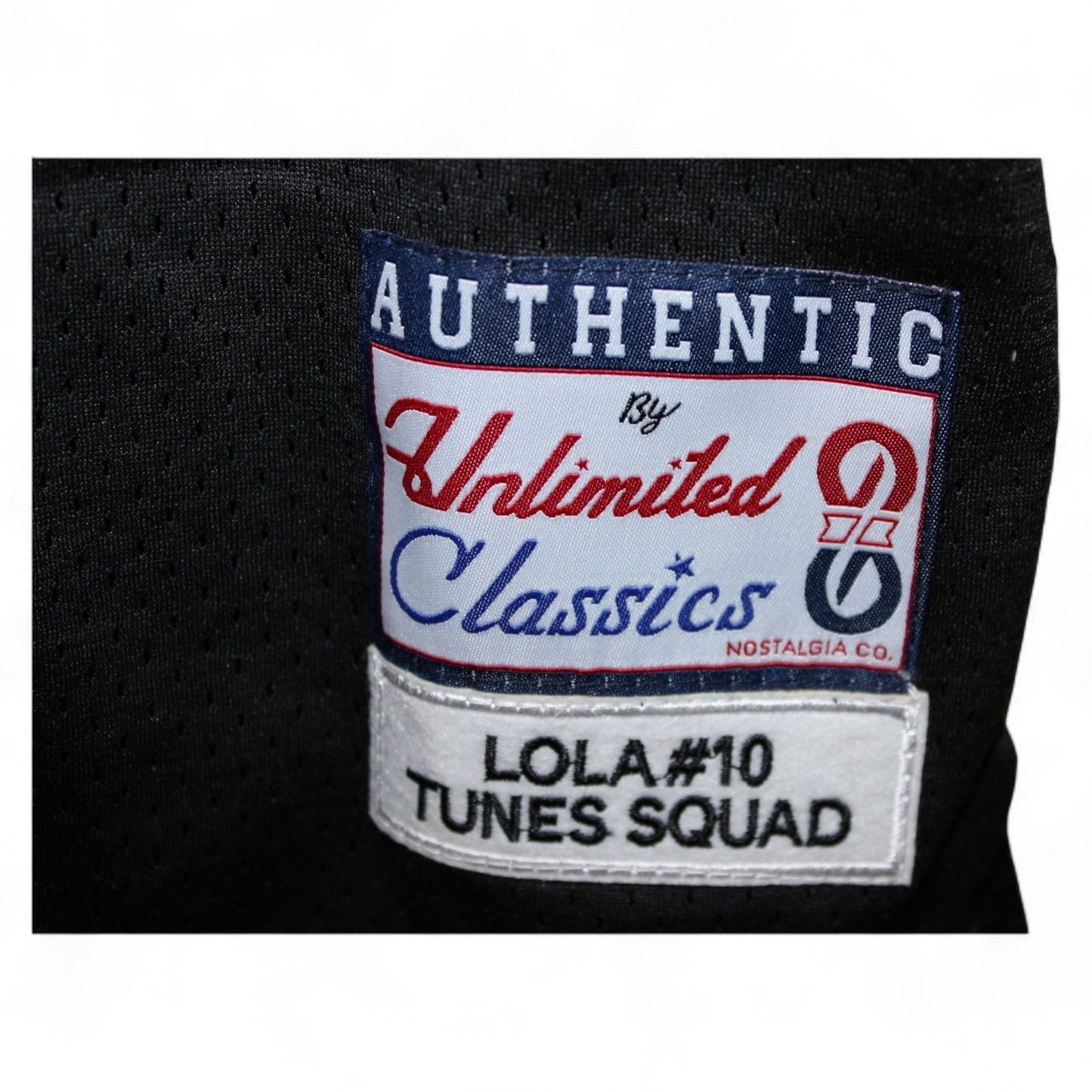 Close-up of the Unlimited Classics label on Tune Squad Lola #10 jersey