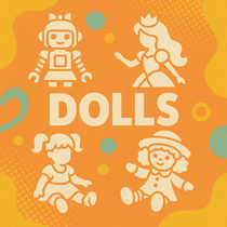 Square banner image for the Dolls collection featuring silhouettes of classic dolls including a princess, ragdoll, toy robot doll, and toddler doll on a retro orange background with teal and yellow accents.