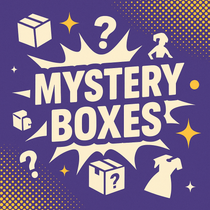 Square Mystery Boxes banner with cream text on purple background, featuring boxes, question marks, stars, and bursts in retro-pop style.