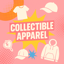 Square banner for Collectible Apparel featuring silhouettes of t-shirts, hoodies, and caps on a retro pink background with bursts and halftone dots.
