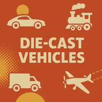 Square banner image for the Die Cast Vehicles collection featuring silhouettes of a car, delivery truck, propeller airplane, and steam locomotive on a retro red-orange background with yellow halftone accents.