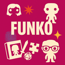 Funko collectibles category banner featuring bold cream text 'FUNKO' on a bright magenta background with silhouettes of Funko Pop figures, boxed toys, and retro pop-art accents.