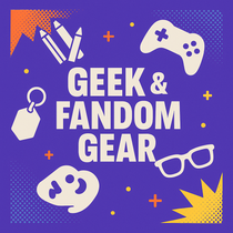 Geek and fandom gear banner with bold cream text on purple background, featuring icons of game controllers, keychains, glasses, and comic pop-art elements