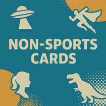Square banner image for the Non-Sports Cards collection featuring silhouettes of a UFO, superhero, dinosaur, and character portrait on a teal background with orange and yellow halftone accents