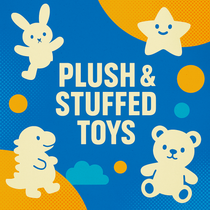 Retro-style graphic banner featuring plush and stuffed toy silhouettes including teddy bear, bunny, dinosaur, and star with bold text Plush & Stuffed Toys on a playful blue and yellow background.