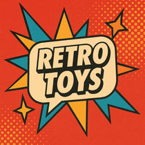 Square banner graphic for Retro Toys collection featuring vintage silhouettes of classic playthings on a colorful background with bold text space.