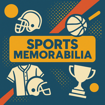 Sports memorabilia collection banner featuring retro illustrations of a football helmet, basketball, jersey, and trophy in vintage comic style.