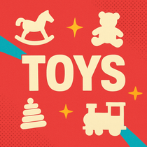 Square banner with the word "TOYS" in bold cream letters on a red background, surrounded by silhouettes of a rocking horse, teddy bear, stacking rings, and a toy train, with retro starbursts and halftone dots.
