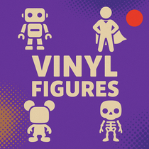 Square banner image for the Vinyl Figures collection featuring silhouettes of stylized collectible vinyl toys with oversized heads, including a robot, superhero, skeleton, and cartoon-like figure