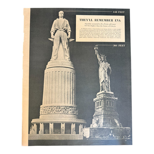 Front side showing 1953 Look Magazine article comparing a proposed Eva Perón statue to the Statue of Liberty, featuring both monuments and labeled height.  
