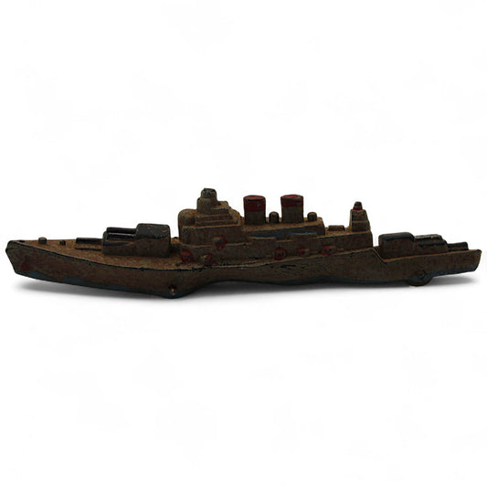 Side view of 1960s Elastolin Kriegsmarine battle cruiser toy showing full profile of vintage German naval warship.  
