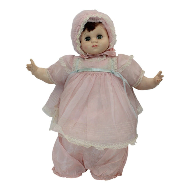 1970s Madame Alexander Mary Mine Baby Doll in pink dress with bonnet and bloomers