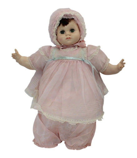 1970s Madame Alexander Mary Mine Baby Doll in pink dress with bonnet and bloomers