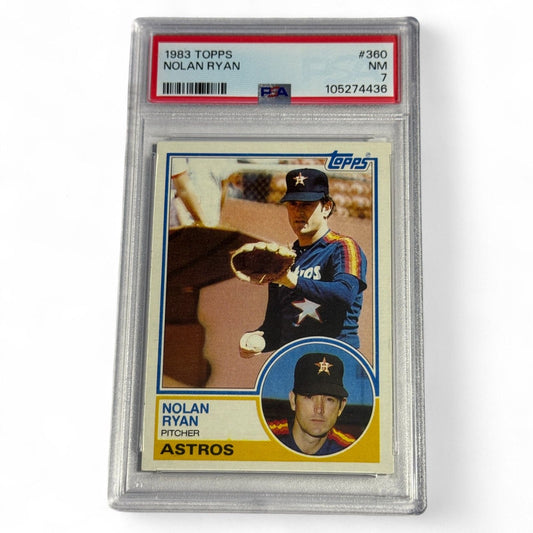 Graded 1983 Topps #360 Nolan Ryan Houston Astros baseball card in PSA 7 near‑mint condition showcasing vintage legendary pitcher.
