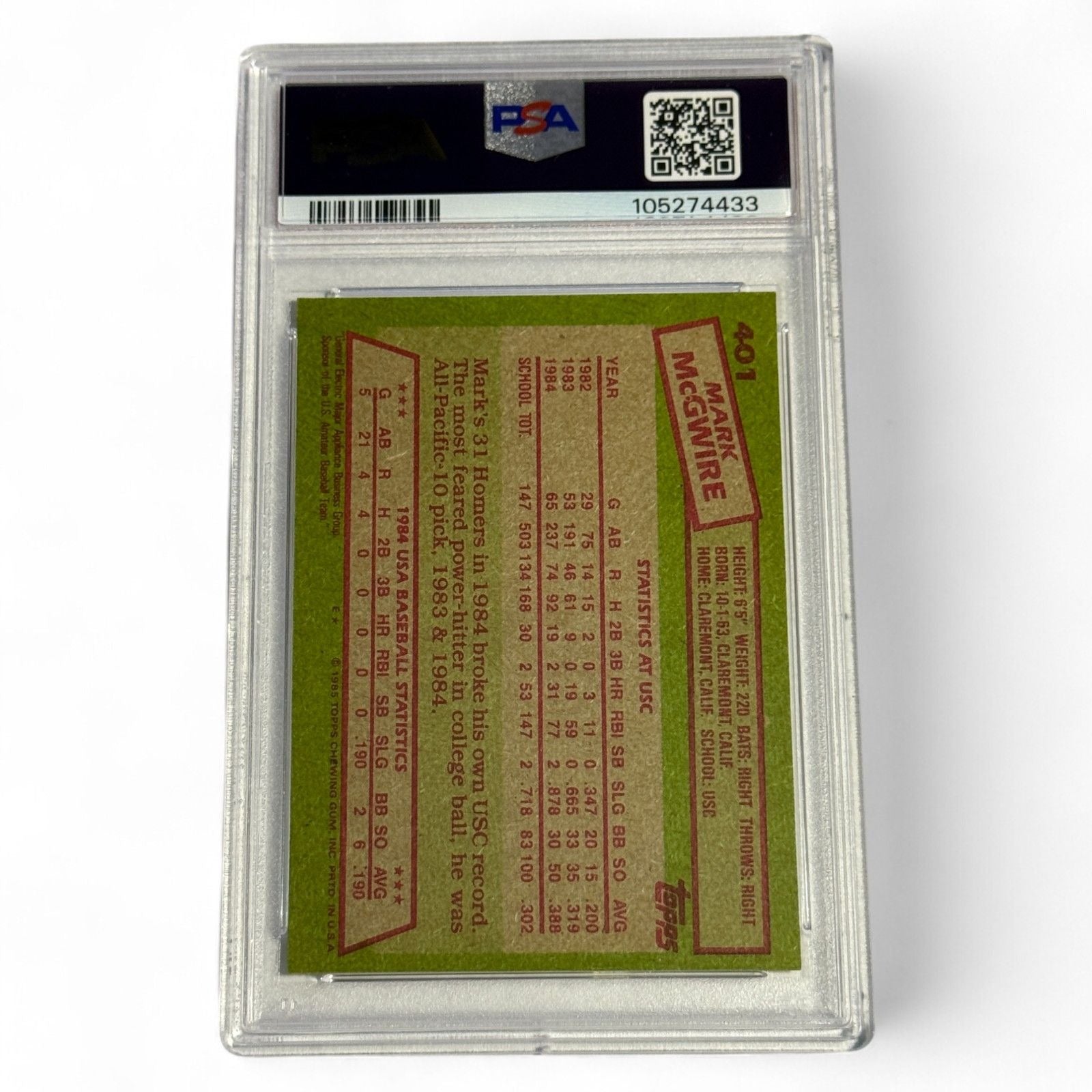 A PSA 7 near‑mint 1985 Topps #401 Mark McGwire rookie card featuring him in the 1984 USA Baseball Team uniform, an iconic Olympic‑era collectible.
