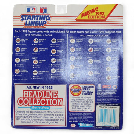 Back of the 1992 Starting Lineup packaging showing MLB teams