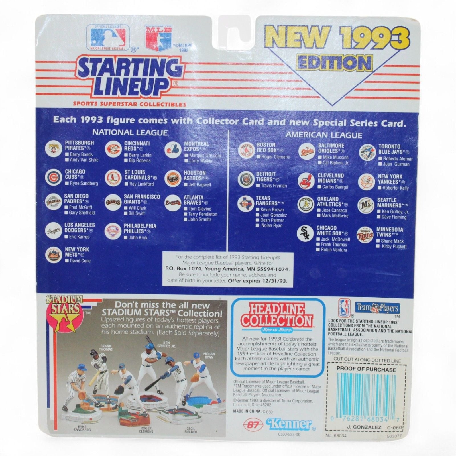 Back of the 1993 Starting Lineup packaging showing other available figures