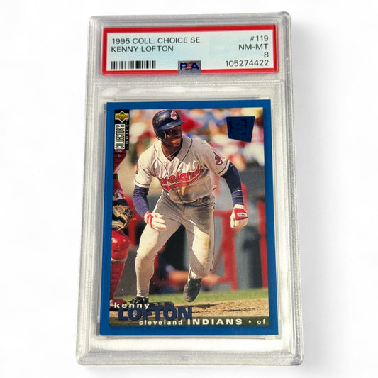 Front view of 1995 Collector's Choice SE Kenny Lofton Baseball Card #119 PSA 8 with Indians uniform action shot.  
