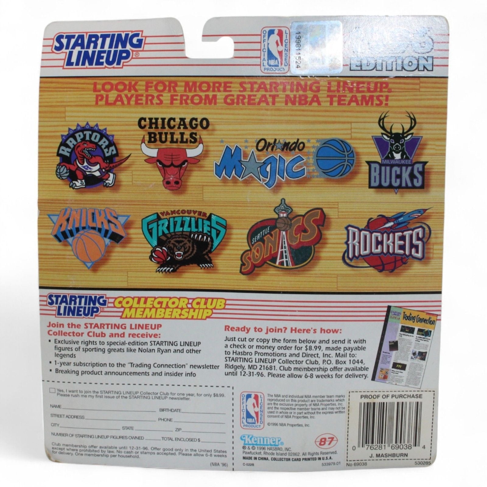 Back of the Starting Lineup packaging showing NBA team logos