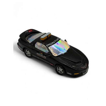 Side view of the black Pontiac Firebird Trans Am model with Daytona 500 decals